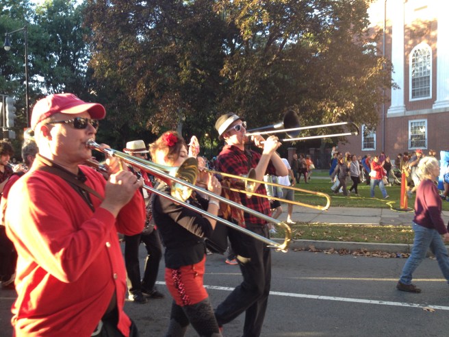 The marvelous Second Line Social Aid and Pleasure Society Brass Band played a lively set in Winthrop Park before escorting a large procession to the Charles River. I'll refrain from telling stories about the trombonist on the right, who I've known long before he even knew about trombones.