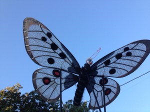 RiverSing was accompanied by large butterflies and other imaginative creations from Moonship Productions and the Puppeteers Cooperative. Here's one by daylight.