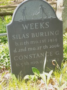 He chose to be buried in an existing burial plot on the farm, rather than in the meeting's cemetery. The engraving atop his stone is one designed as their emblem.