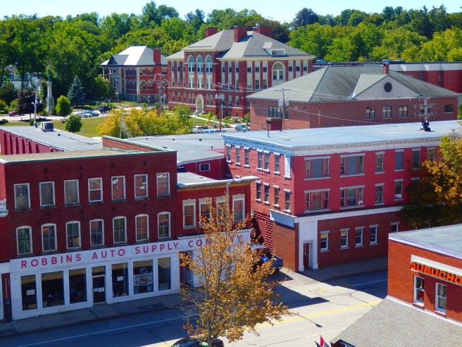 The library, community center, and district court rise at the rear. 