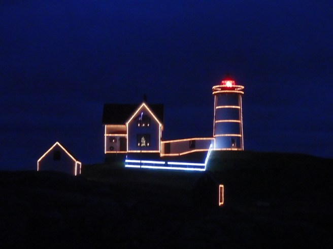 The Nubble Point Lighthouse in York, Maine, is decked out for the holidays.