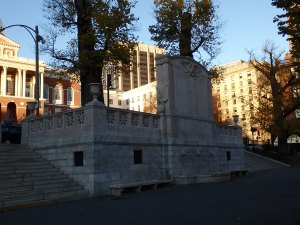 It would be easy to pass by this stonework at the edge of Boston Common. The edge of the State House appears at upper left. 